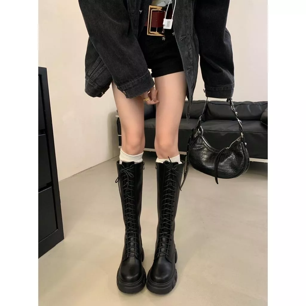 🇰🇷正韓增高厚底綁帶側拉鏈馬丁騎士長靴