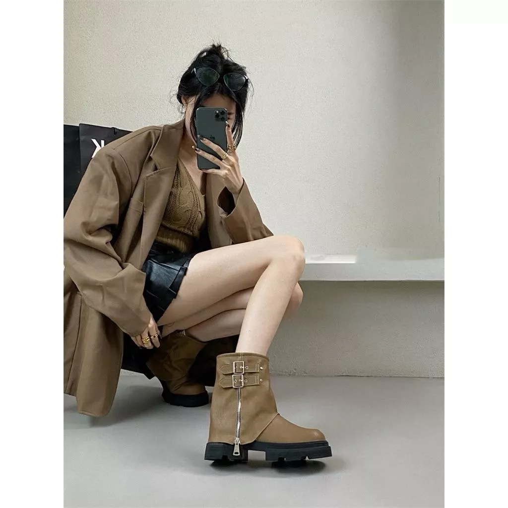 🇰🇷正韓復古皮帶釦馬丁粗跟褲管短靴