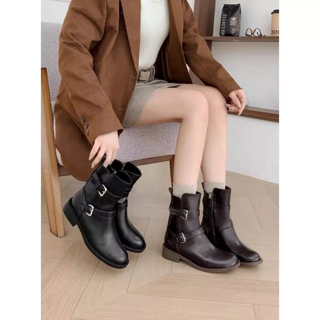 🇰🇷正韓真皮復古帥氣皮帶釦騎士短靴