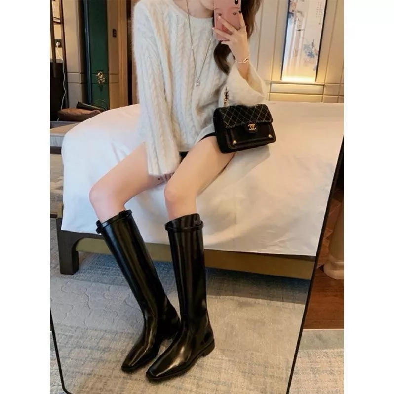 🇰🇷正韓英倫風銀色小方釦斜切筒口騎士長靴