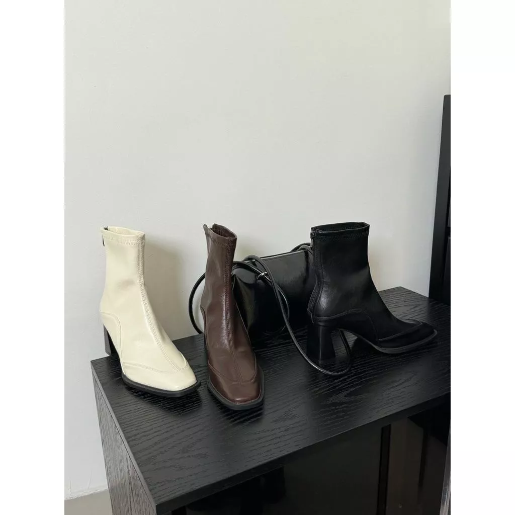 🇰🇷正韓時髦簡約方頭高跟後拉鏈短靴
