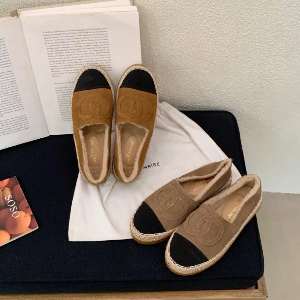 🇰🇷正韓牛麂皮雙圈標誌拼接草編軟Q加絨樂福漁夫鞋