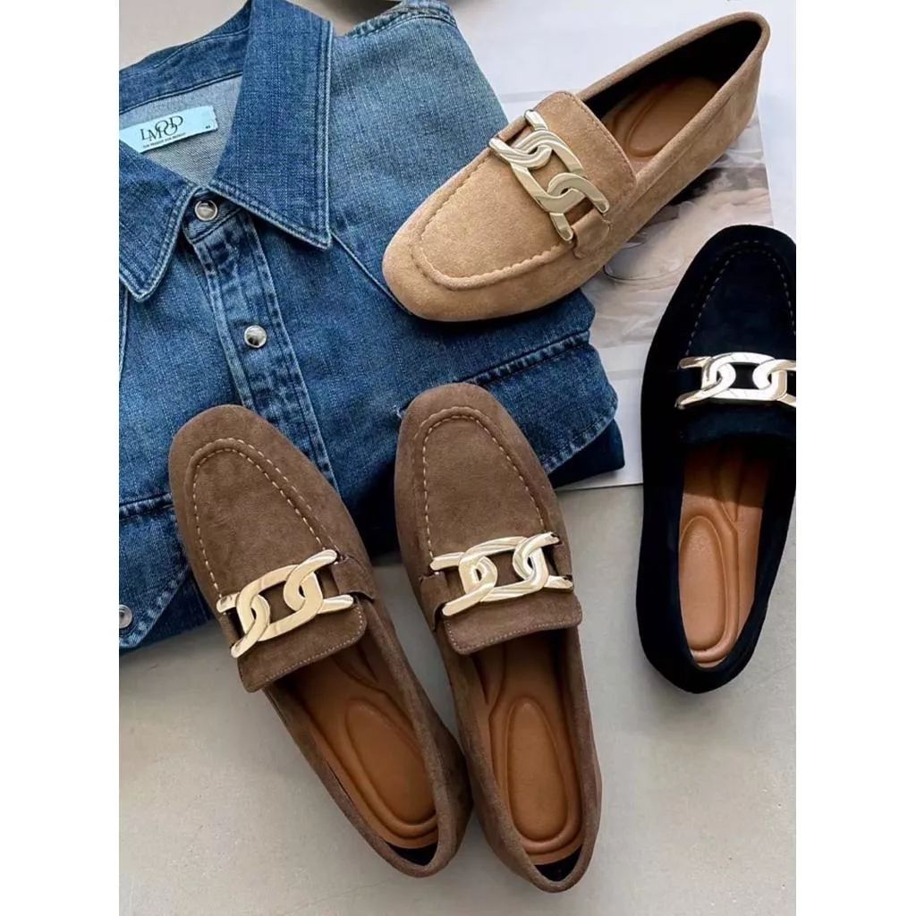 🇰🇷正韓東大門真皮質感電鍍金立體鏈條軟Q樂福鞋