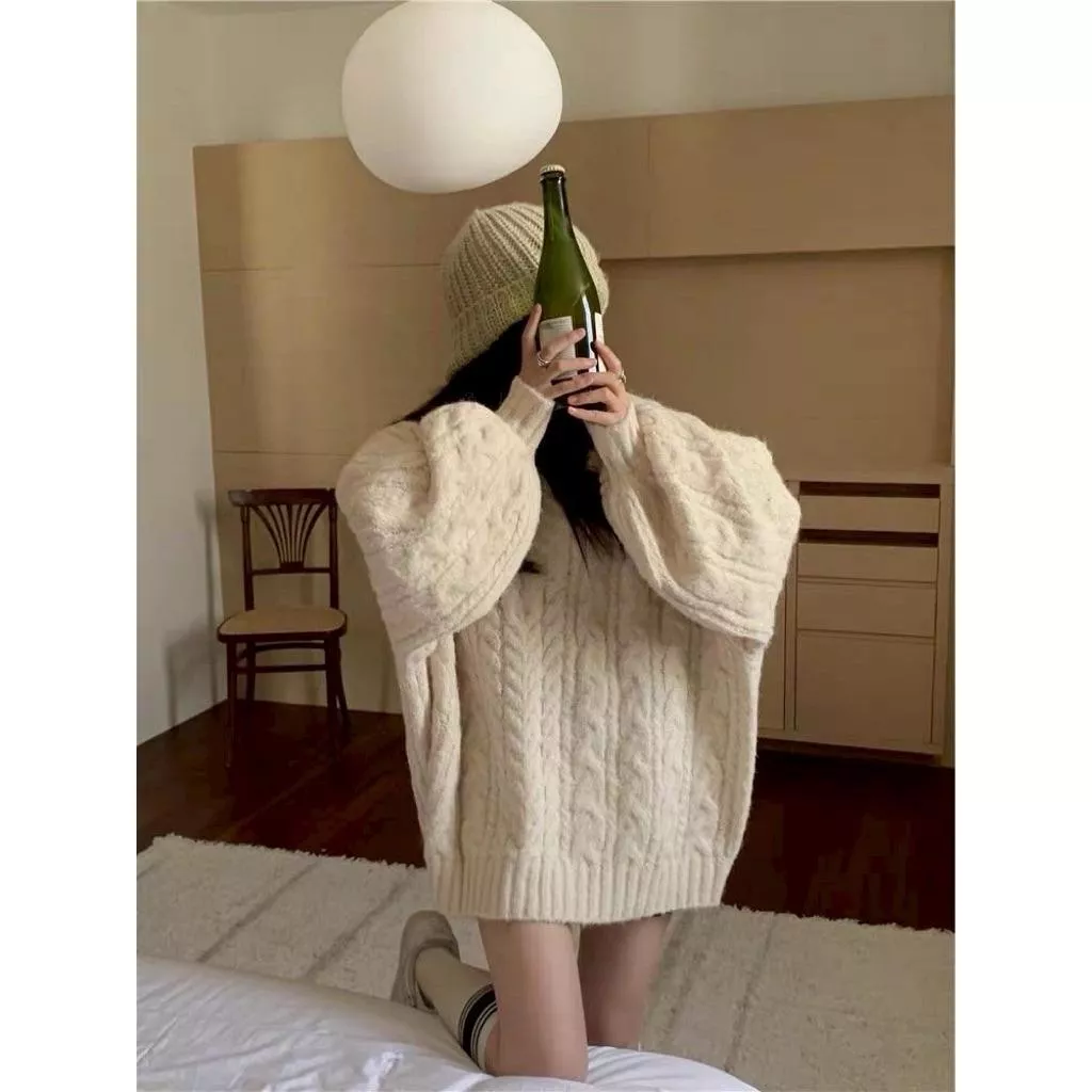 ʀ.ᴄʜ 大版花苞袖V領麻花毛衣