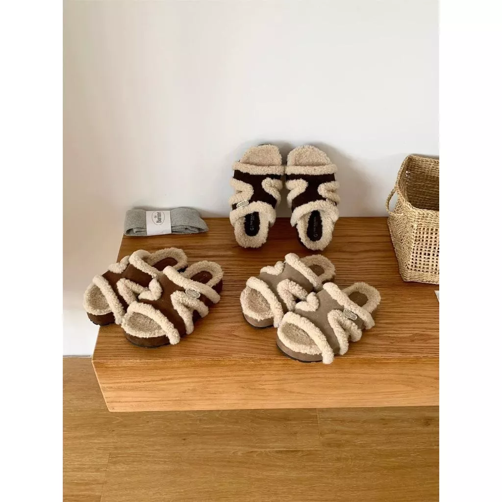 🇰🇷正韓磨砂牛皮羊羔毛厚底增高勃肯毛毛拖鞋