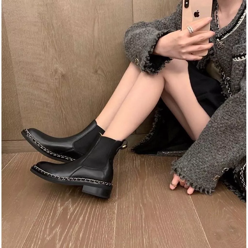 🇰🇷正韓東大門真皮小香風鏈條粗跟切爾西短靴