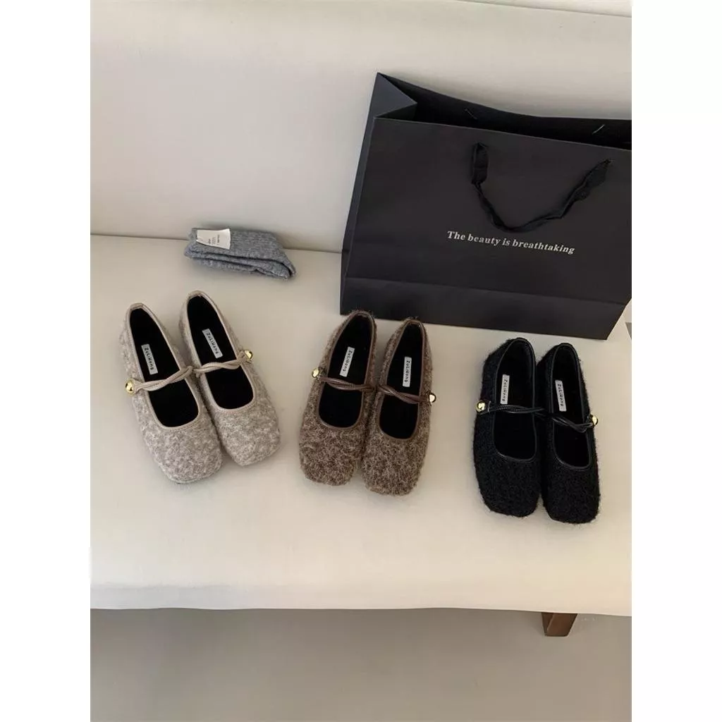 🇰🇷正韓法式溫柔加絨保暖平底軟Q毛毛瑪麗珍鞋