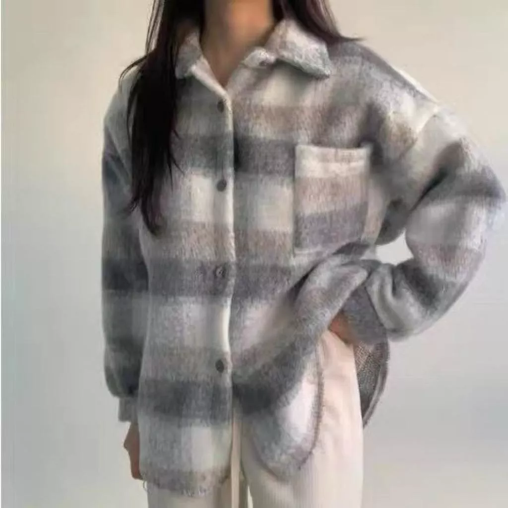 ʀ.ᴄʜ ◡̈秋冬新品毛料雙格襯衫外套
