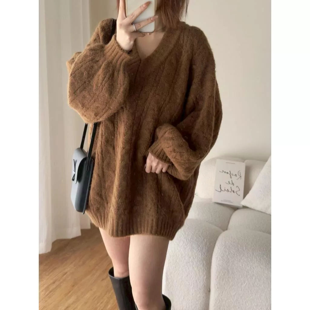 ʀ.ᴄʜ 大版花苞袖V領麻花毛衣