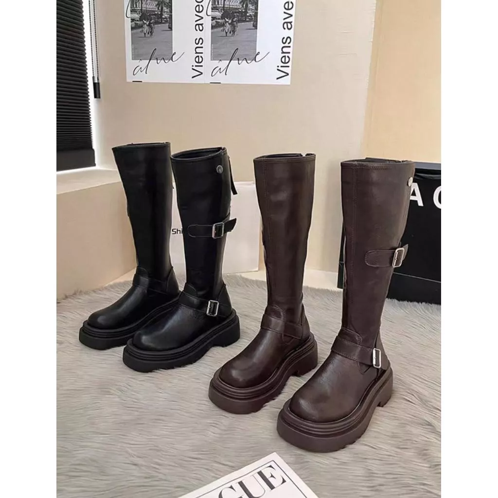 🇰🇷正韓復古英倫風皮帶釦後拉鏈增高厚底長靴