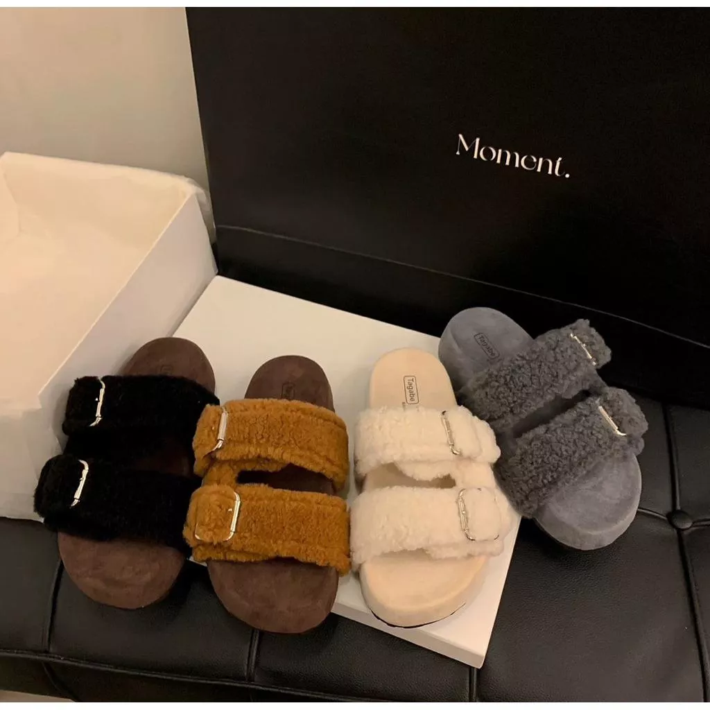 🇰🇷正韓厚底增高露趾雙橫條皮帶釦勃肯毛拖