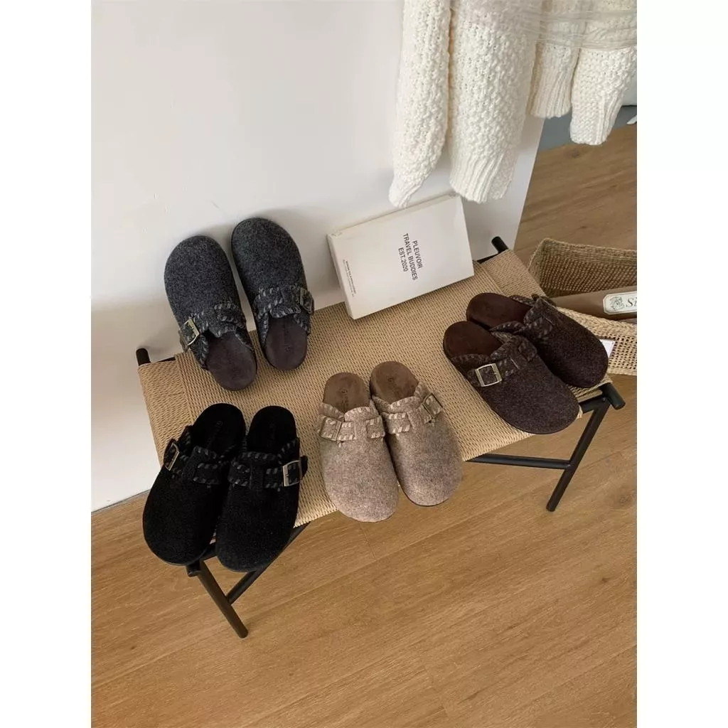 🇰🇷正韓復古毛呢皮帶釦包頭舒適勃肯拖鞋