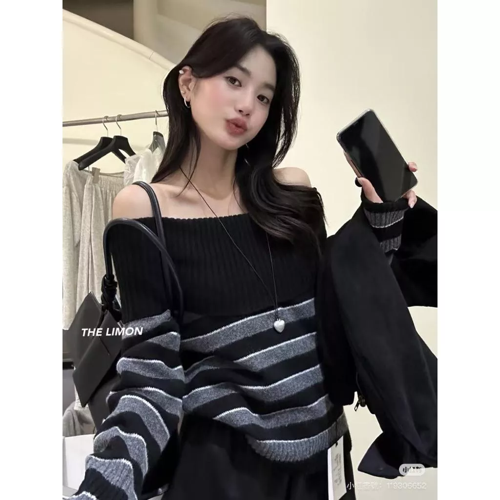 ʀ.ᴄʜ 撞色橫條翻領毛衣