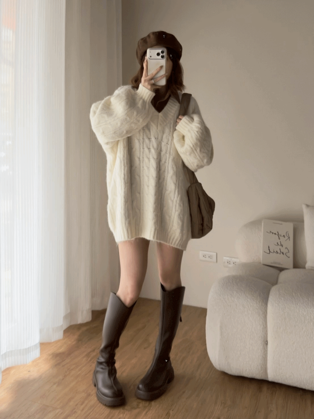 ʀ.ᴄʜ 大版花苞袖V領麻花毛衣