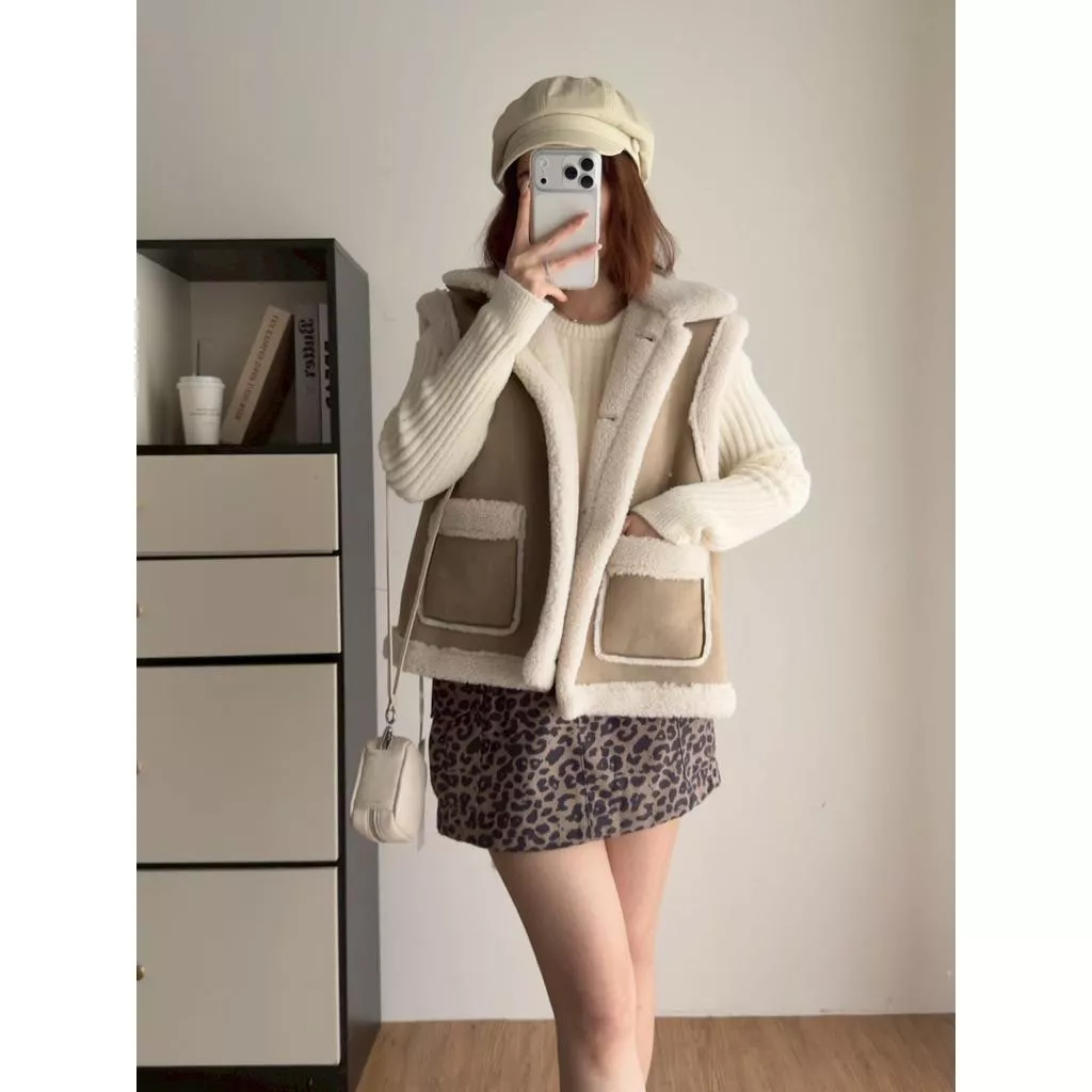 ʀ.ᴄʜ 韓版🇰🇷 撞色麂皮QQ毛外套