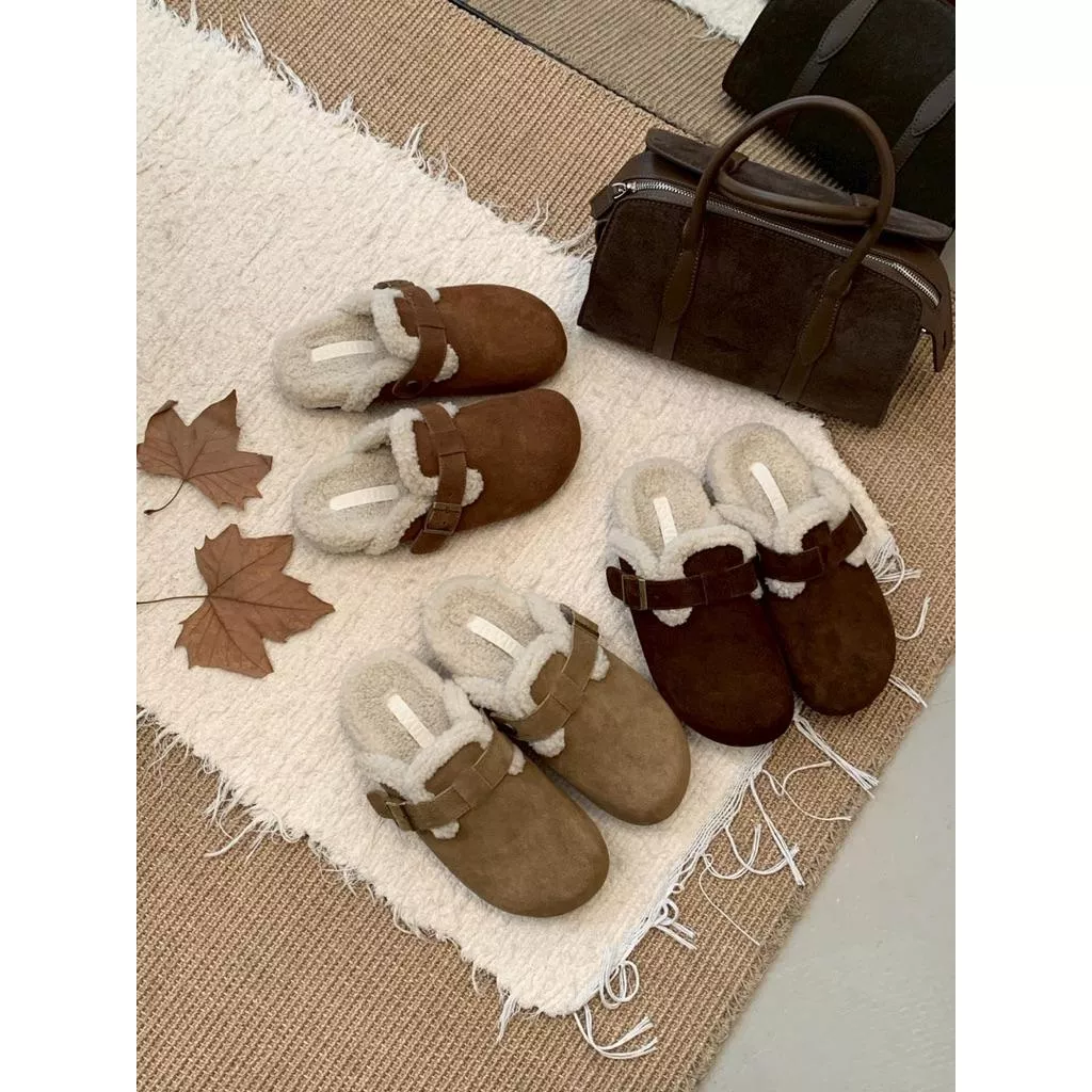 🇰🇷正韓復古羊羔毛磨砂皮加絨保暖勃肯毛拖