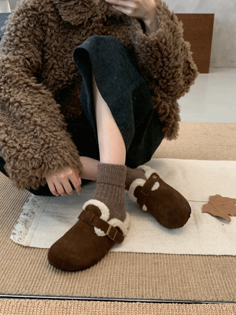 🇰🇷正韓復古羊羔毛磨砂皮加絨保暖勃肯毛拖