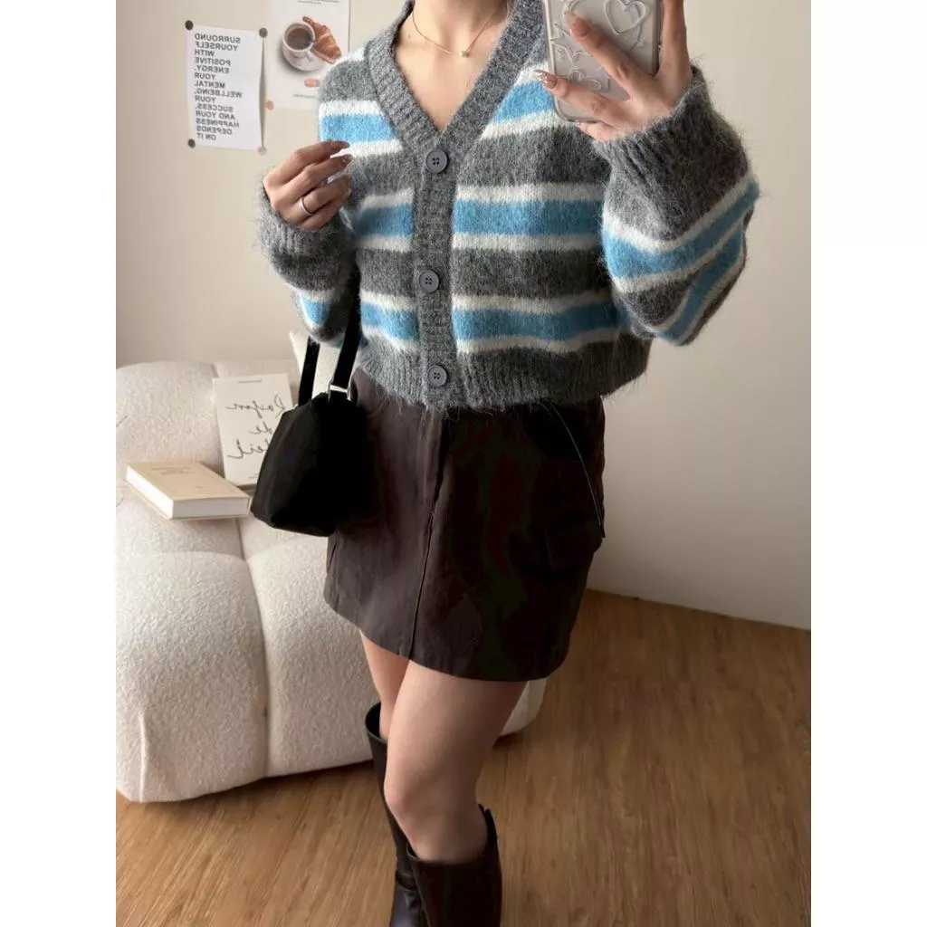 ʀ.ᴄʜ雙配色橫條毛衣排釦外套