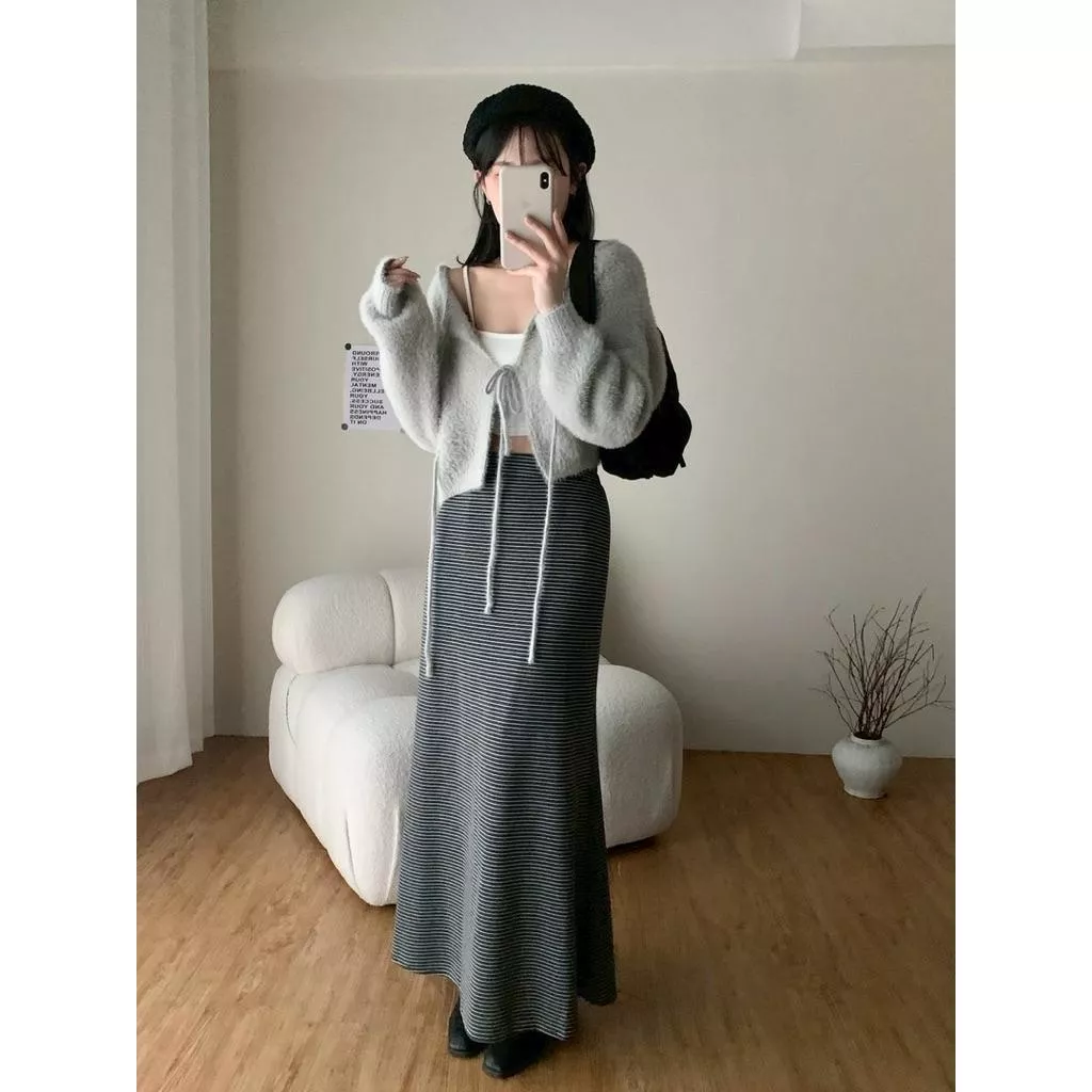 ʀ.ᴄʜ 磨毛橫條魚尾長裙