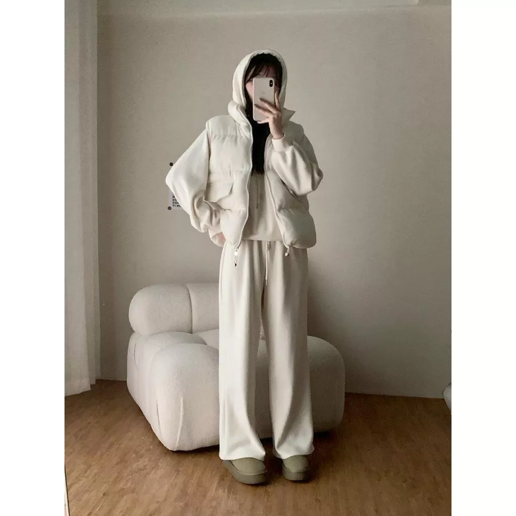 ʀ.ᴄʜ 磨毛鋪棉背心+連帽大T+長褲三件套 套裝