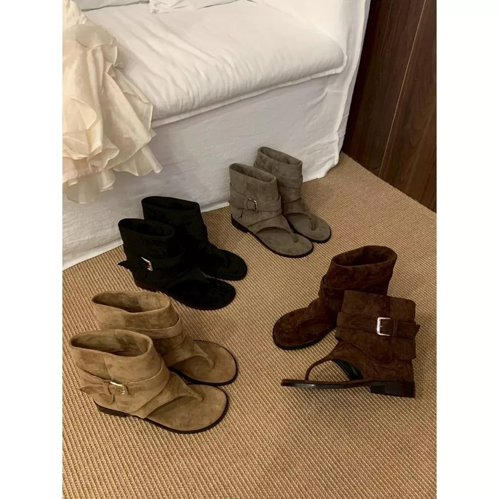 🇰🇷正韓時髦麂皮鏤空復古夾趾人字褲管涼鞋