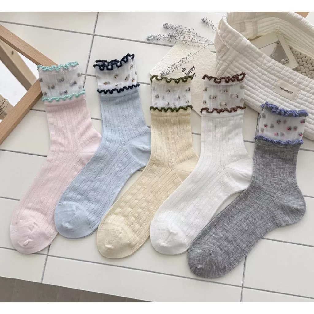 ʀ.ᴄʜ 日系半透明碎花拼接木耳短襪