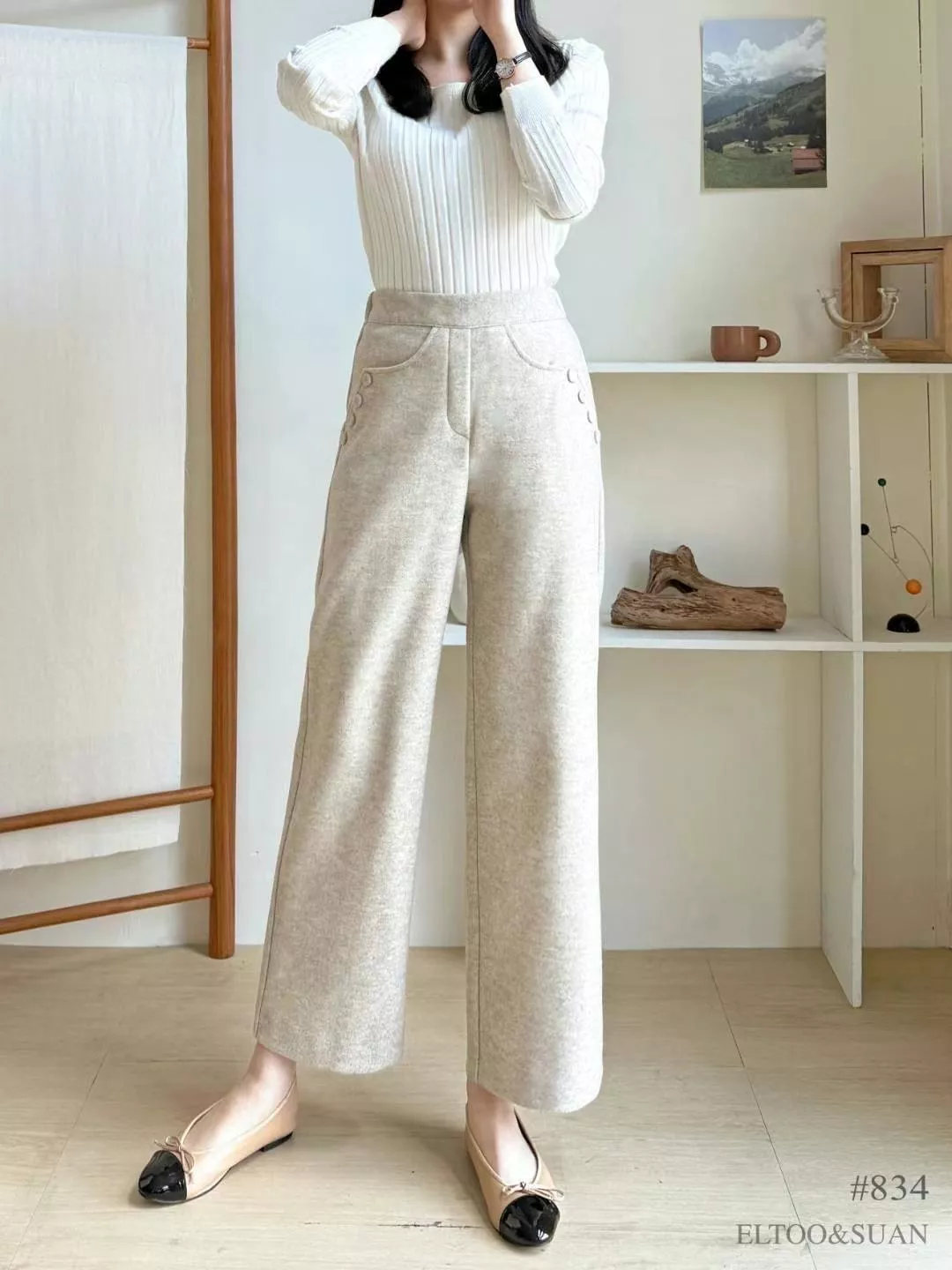 優雅釦飾毛呢寬褲