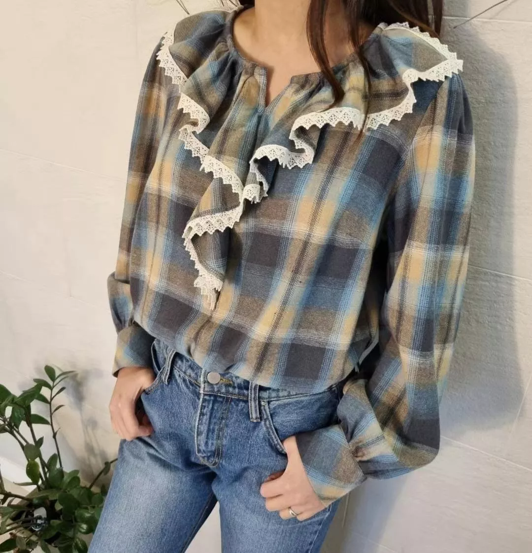 法式田園蕾絲連葉格紋衫