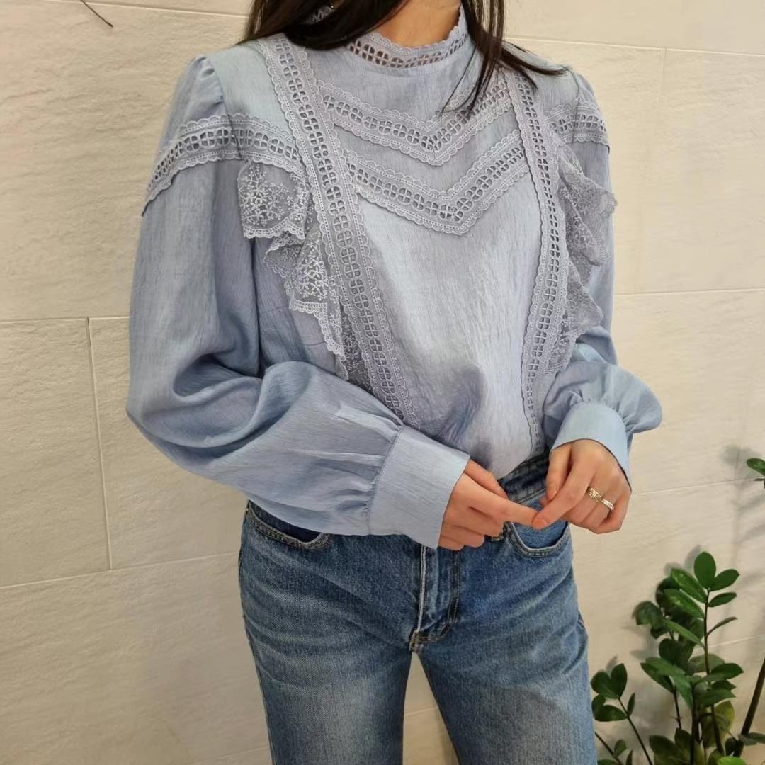 法式復古蕾絲拼接立領襯衫