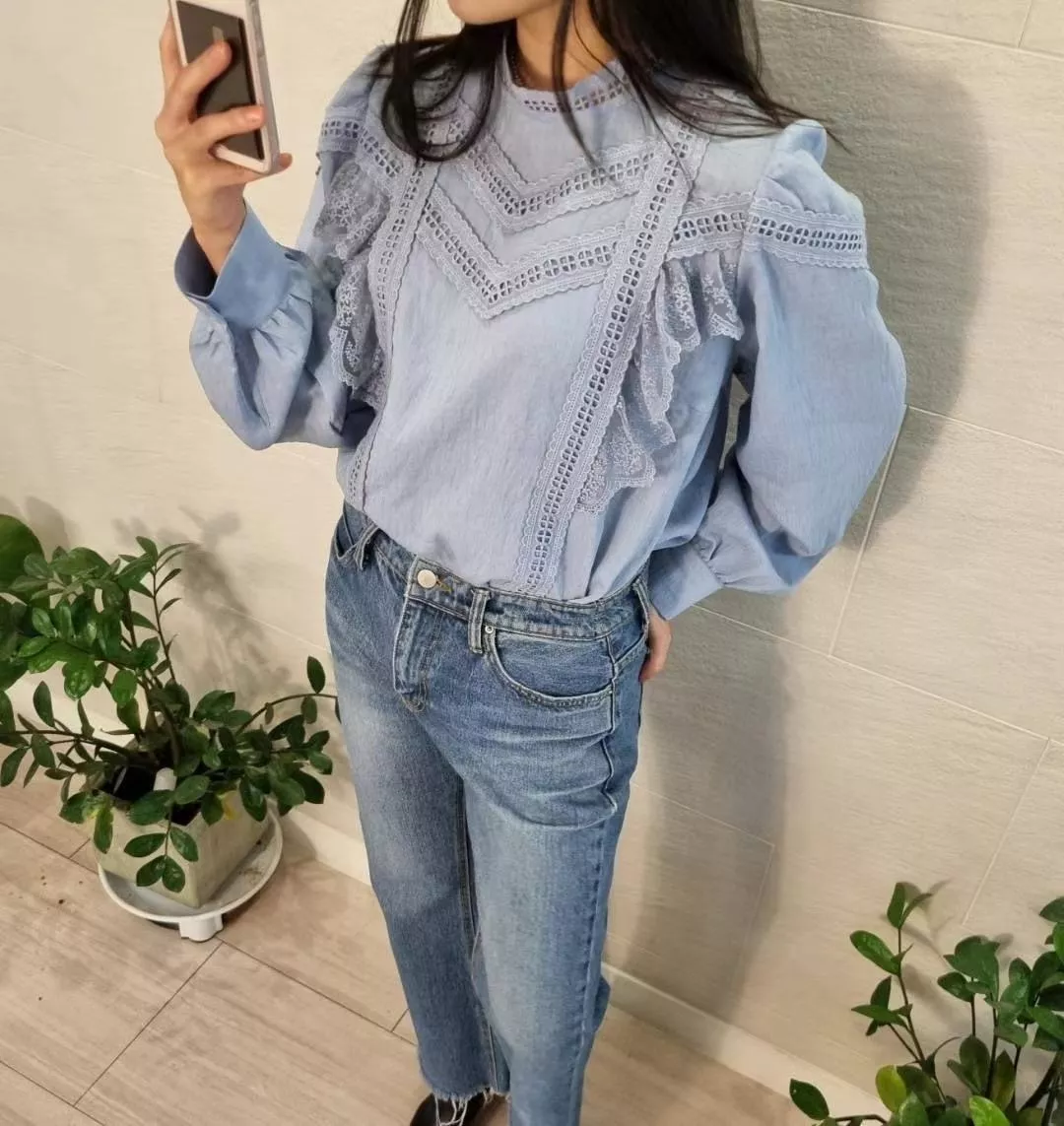 法式復古蕾絲拼接立領襯衫