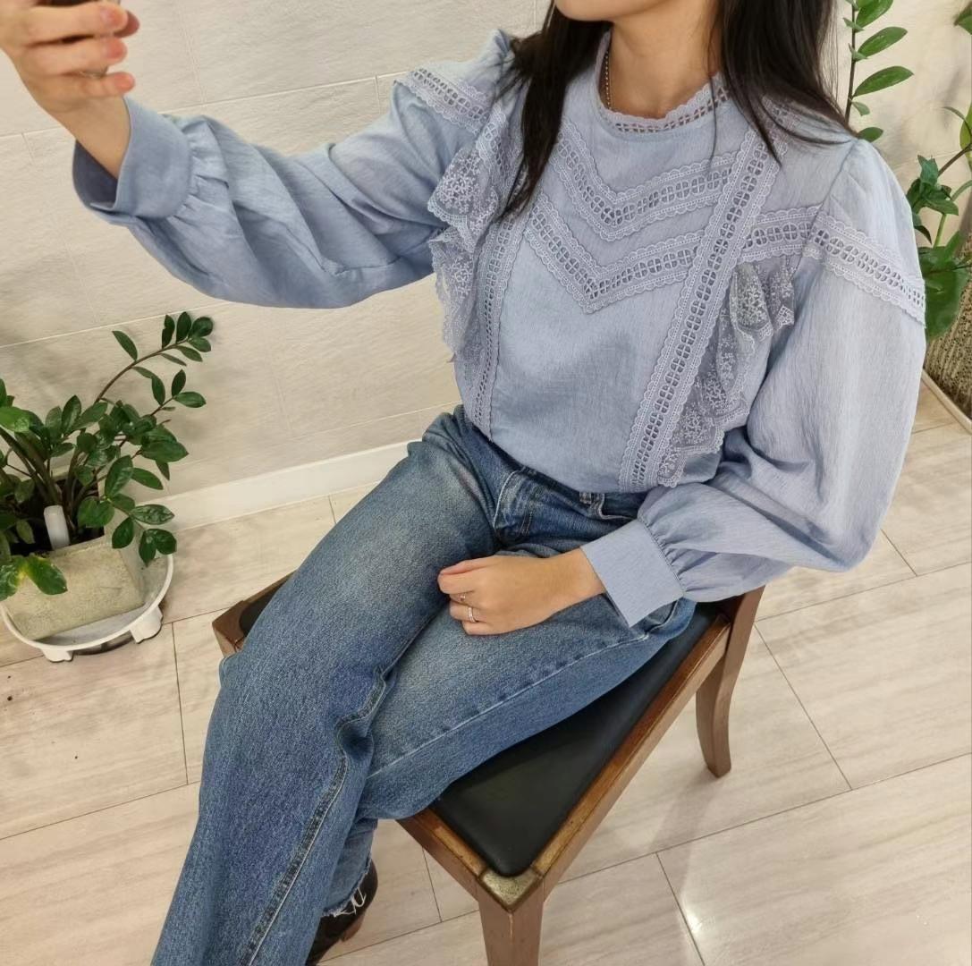 法式復古蕾絲拼接立領襯衫