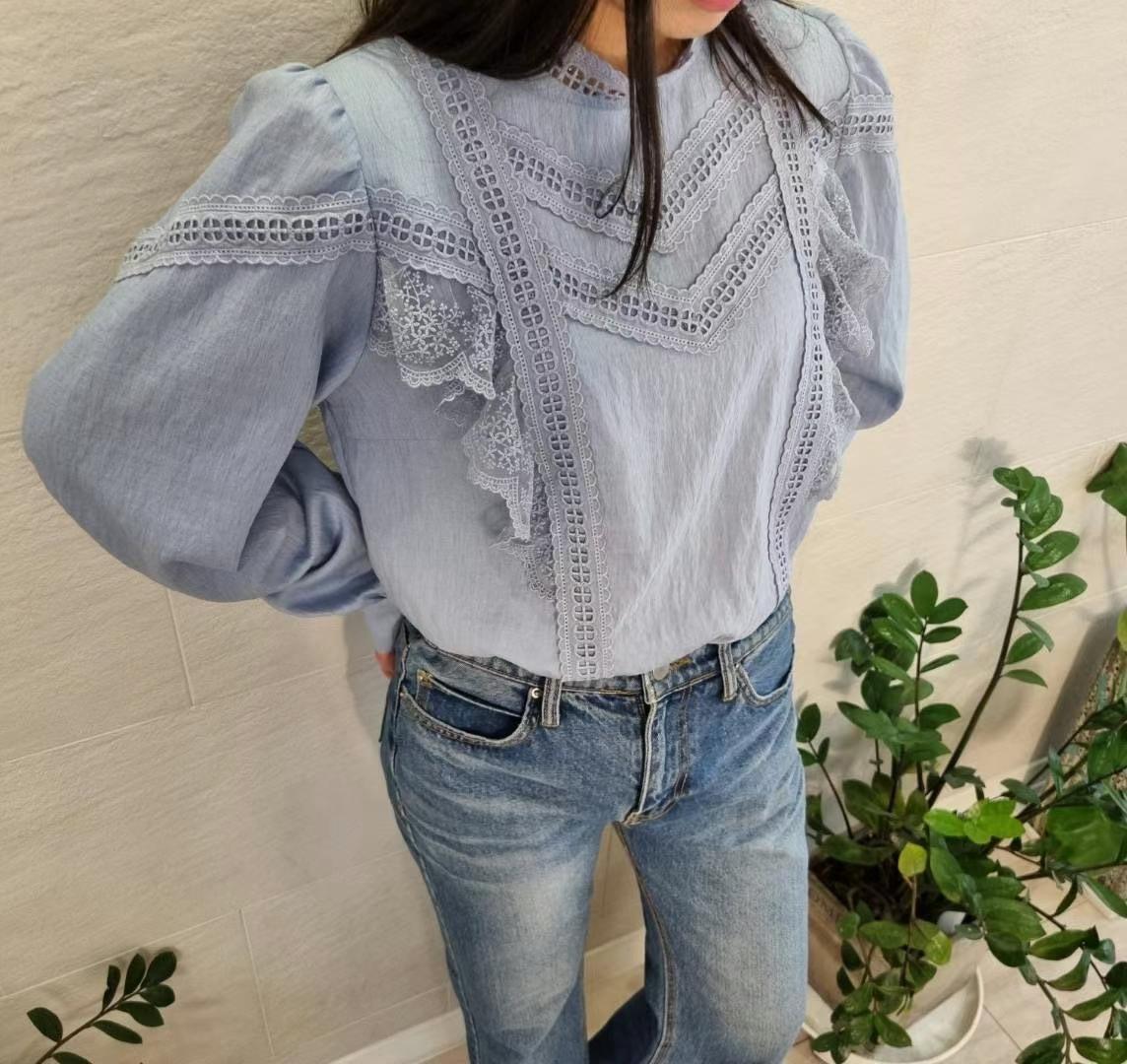 法式復古蕾絲拼接立領襯衫