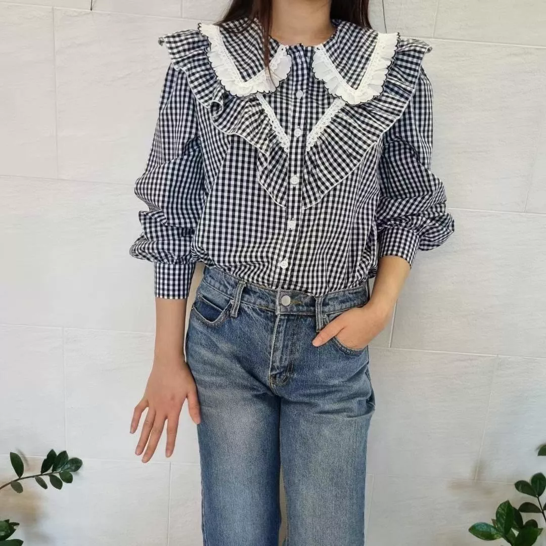 法式復古宮廷娃娃領格紋襯衫（黑白千鳥格）