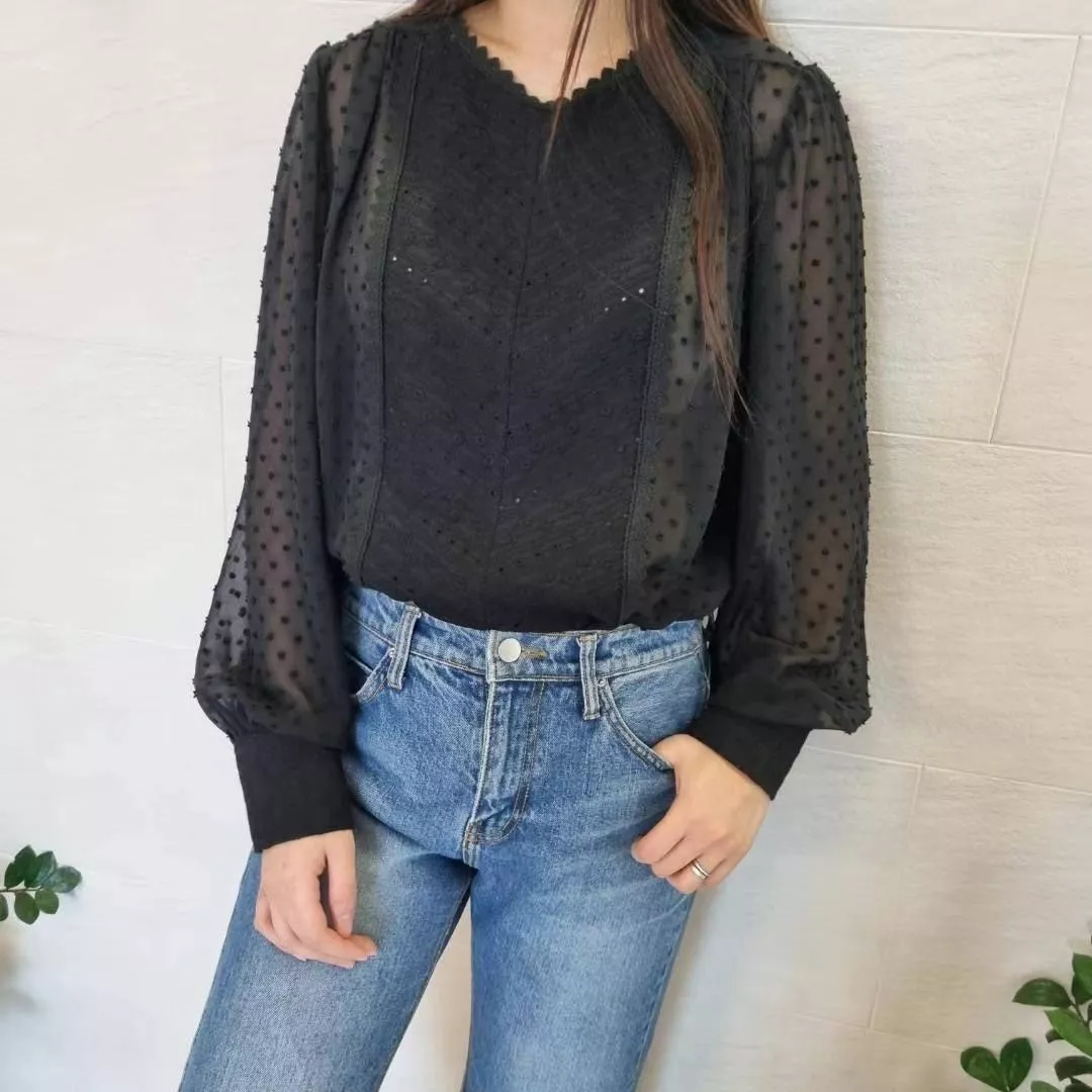 法式透紗雕花拼接襯衫