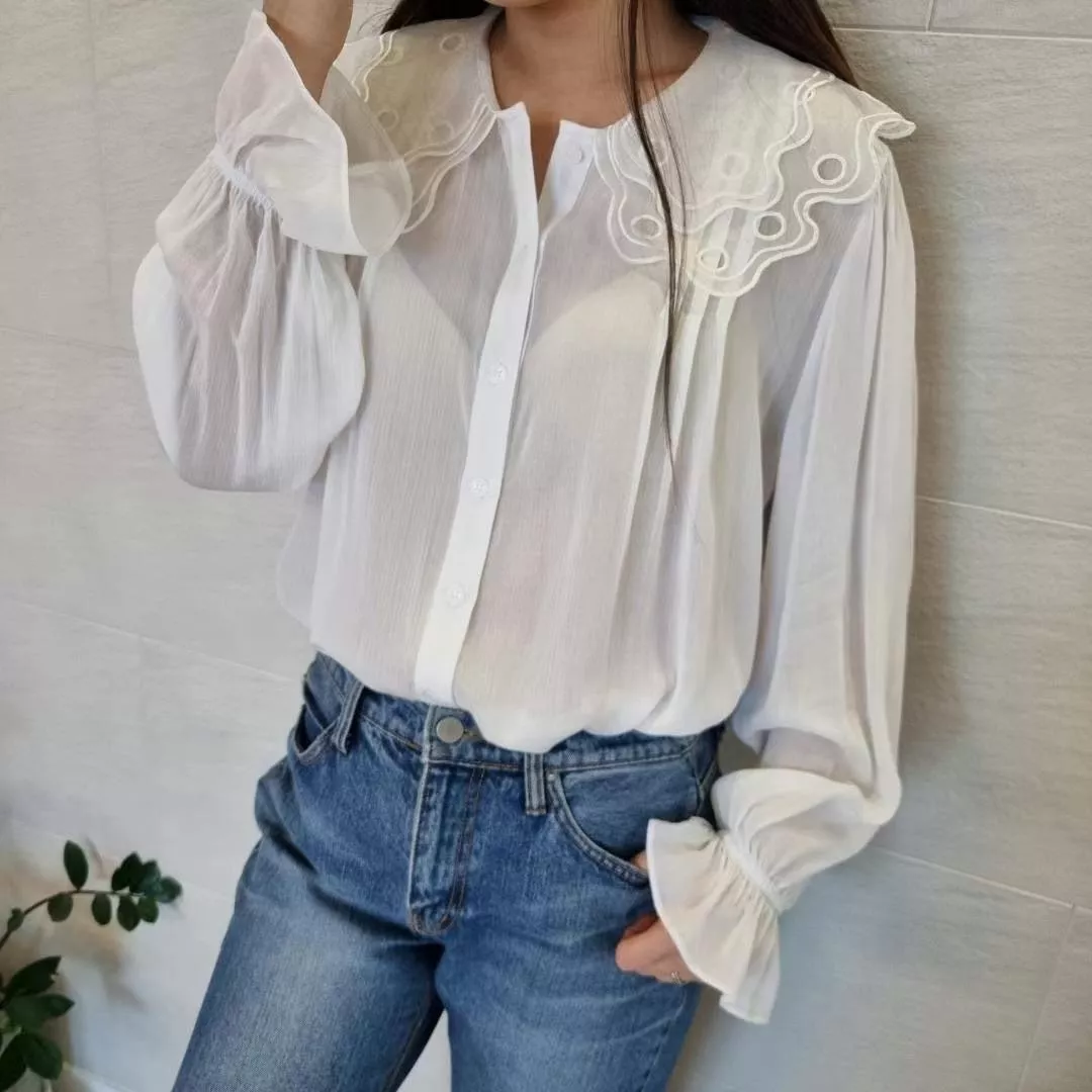 法式雲紗籠空蕾絲娃娃領襯衫