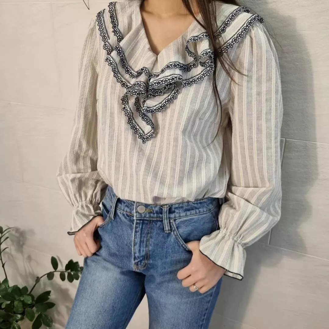 法式復古蕾絲邊條緞襯衫