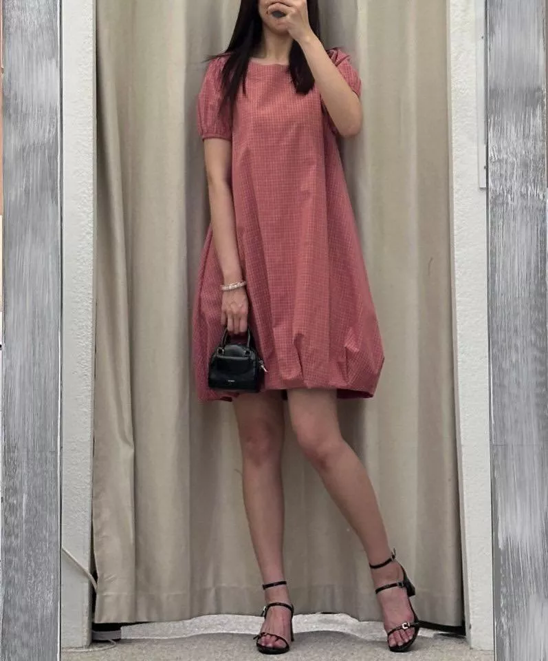 格紋南瓜泡泡袖洋裝