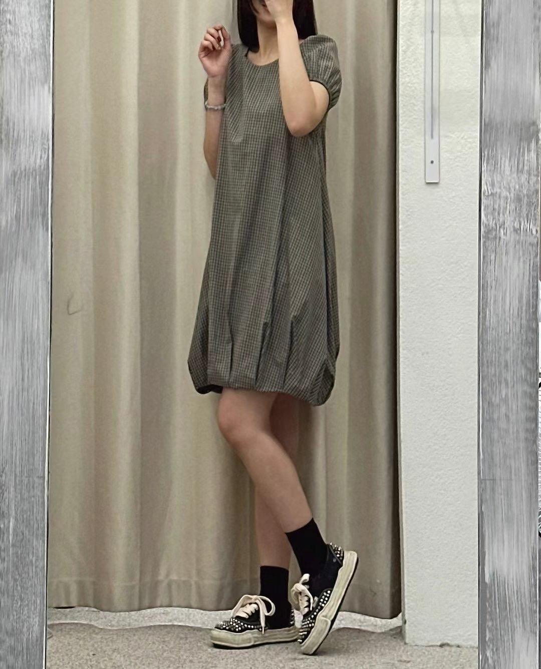 格紋南瓜泡泡袖洋裝