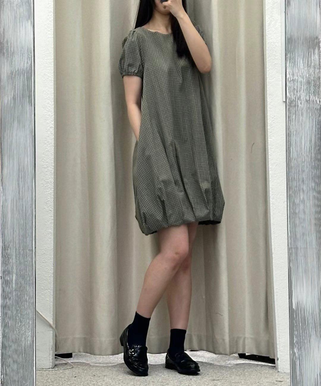 格紋南瓜泡泡袖洋裝