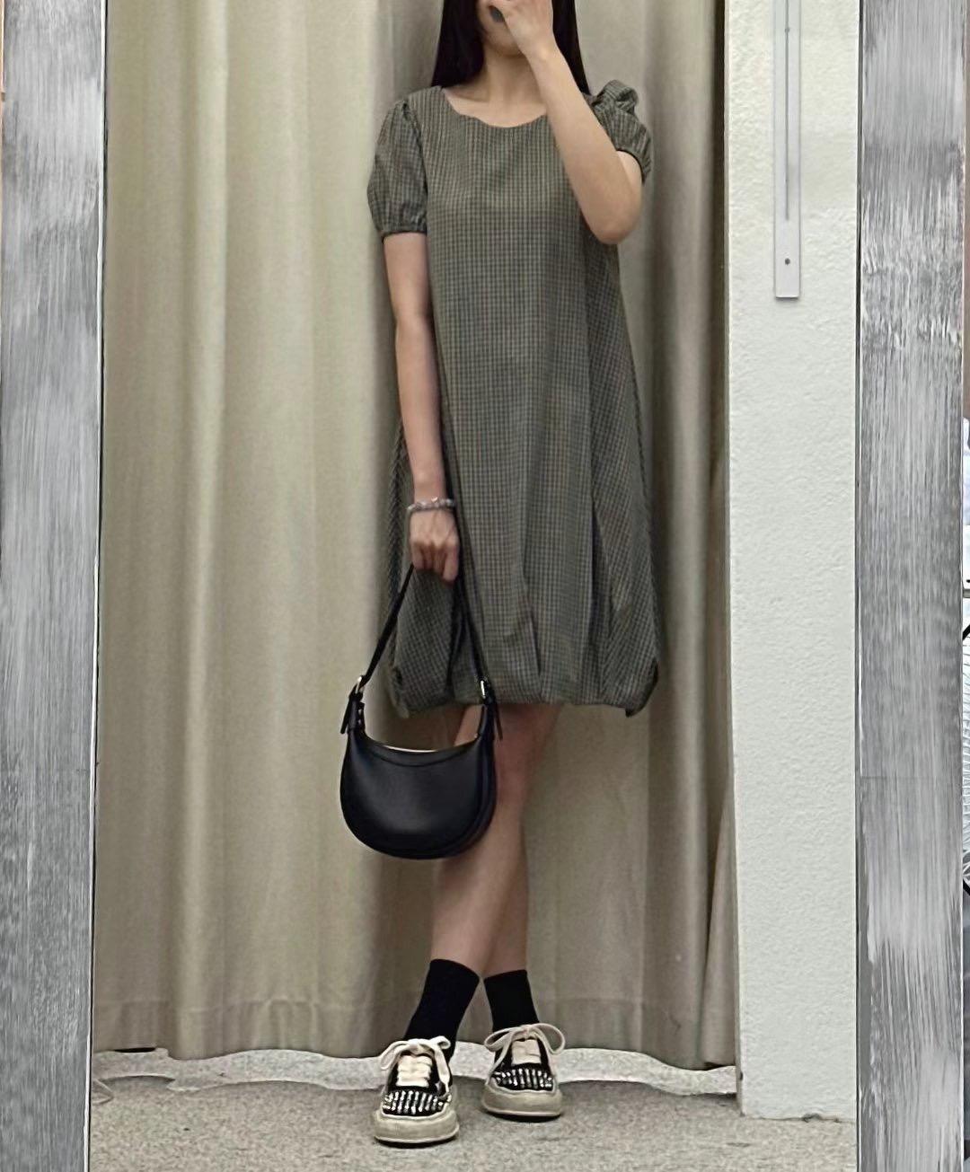 格紋南瓜泡泡袖洋裝