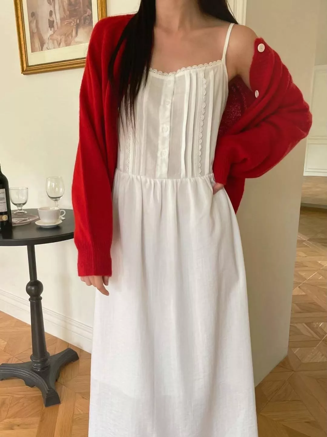 法式蕾絲細肩帶長洋裝