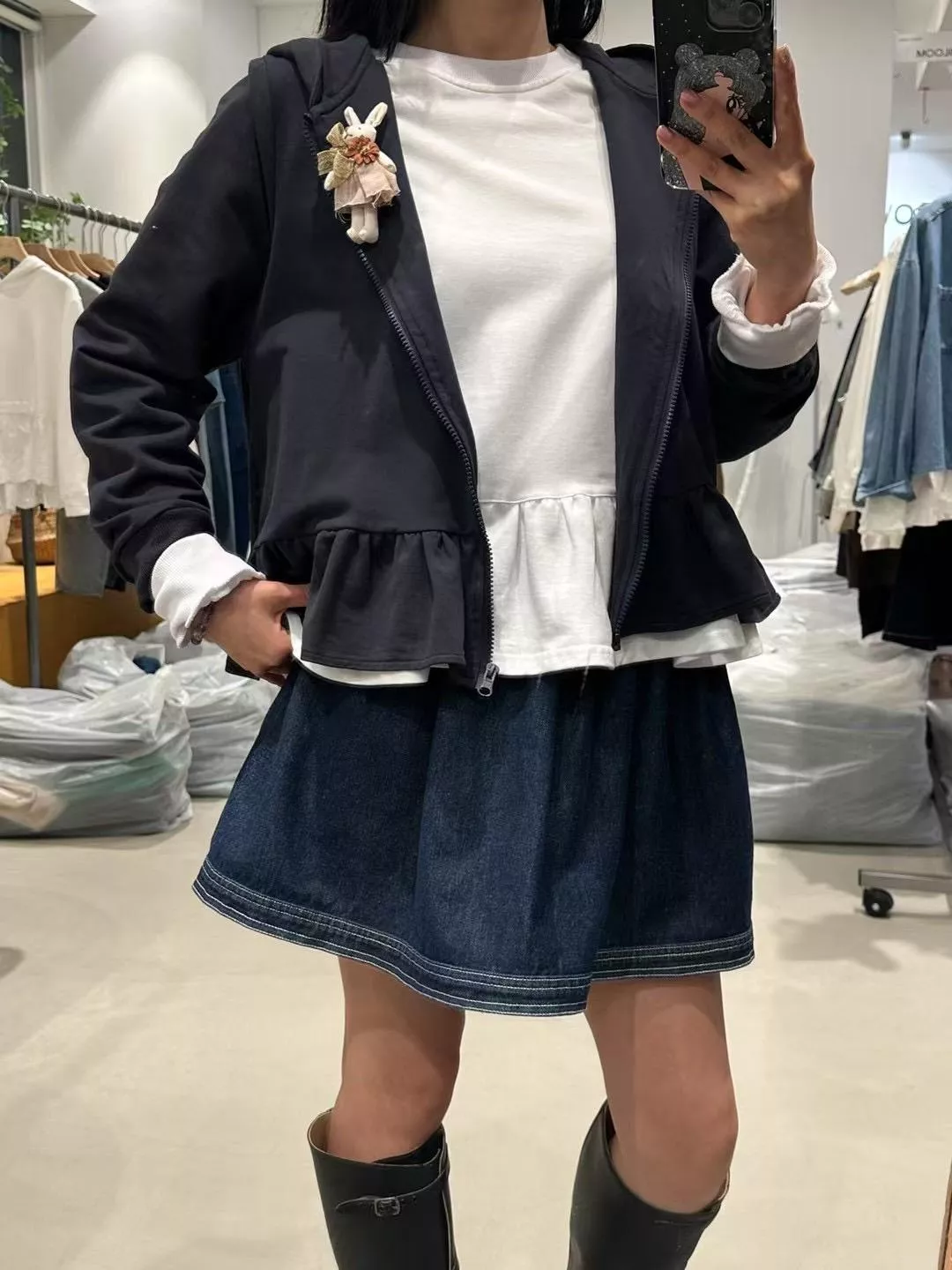 甜美荷葉邊連帽拉鍊外套