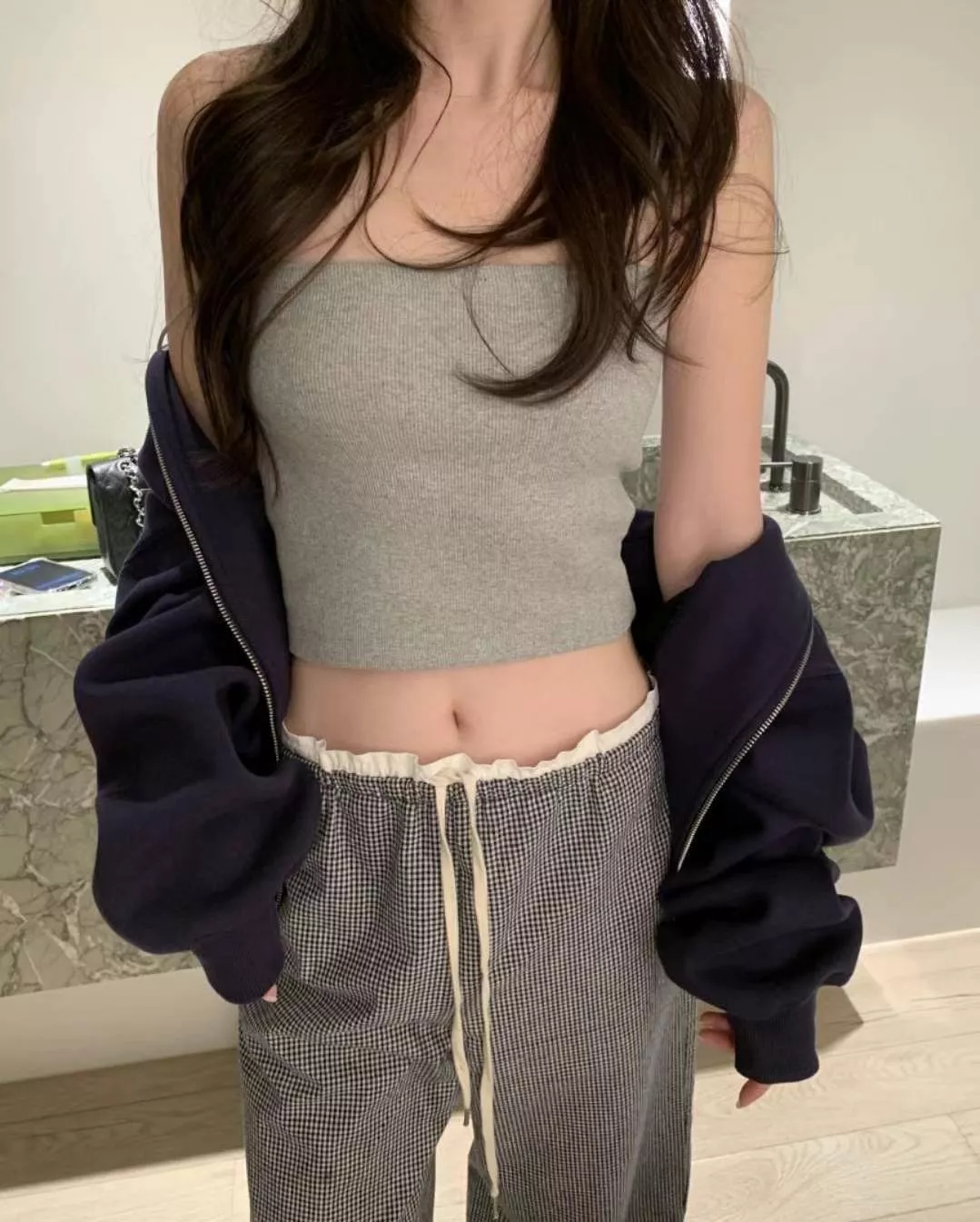 高腰抽繩・微街頭格紋寬褲