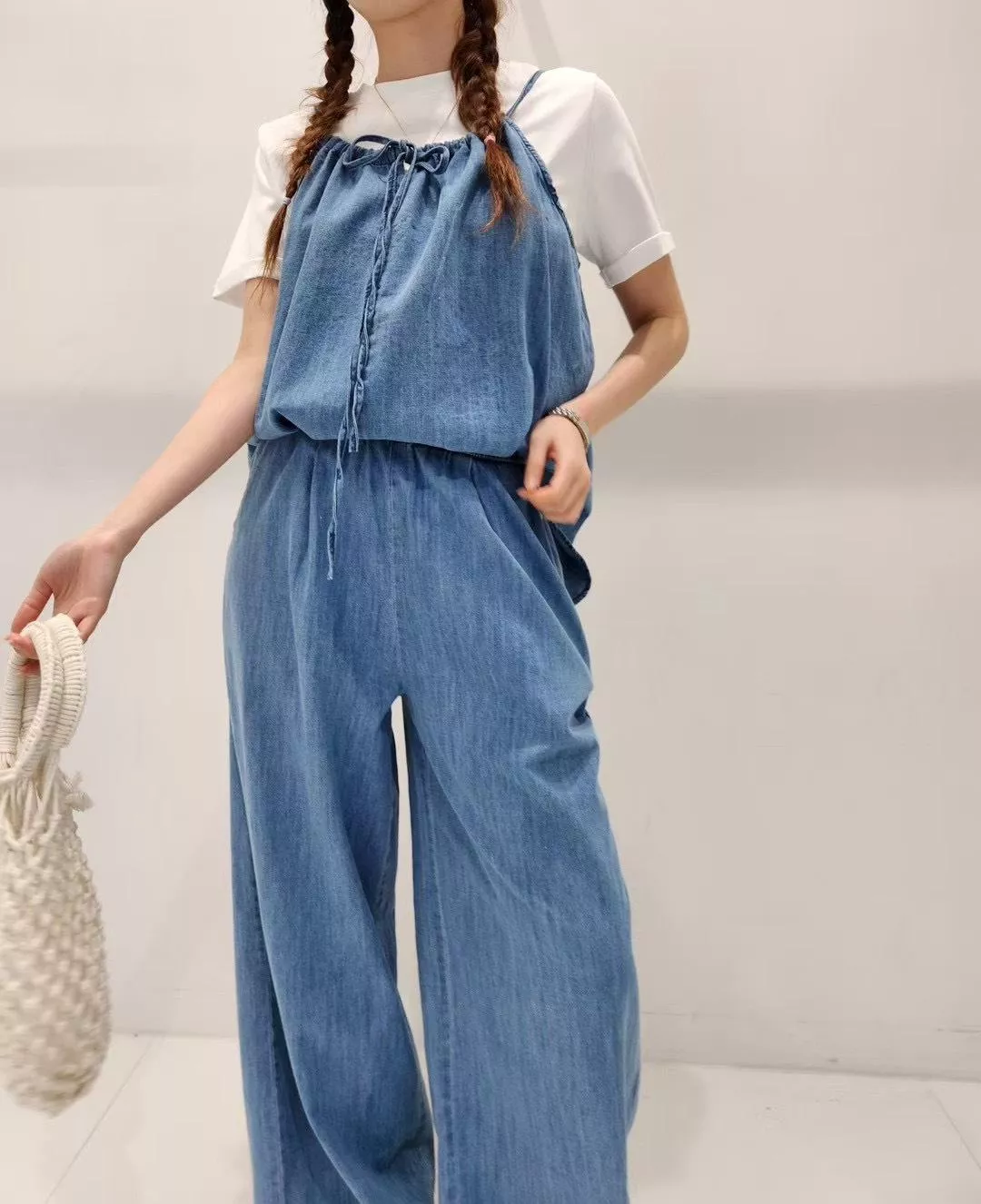 休閒牛仔吊帶寬褲套裝
