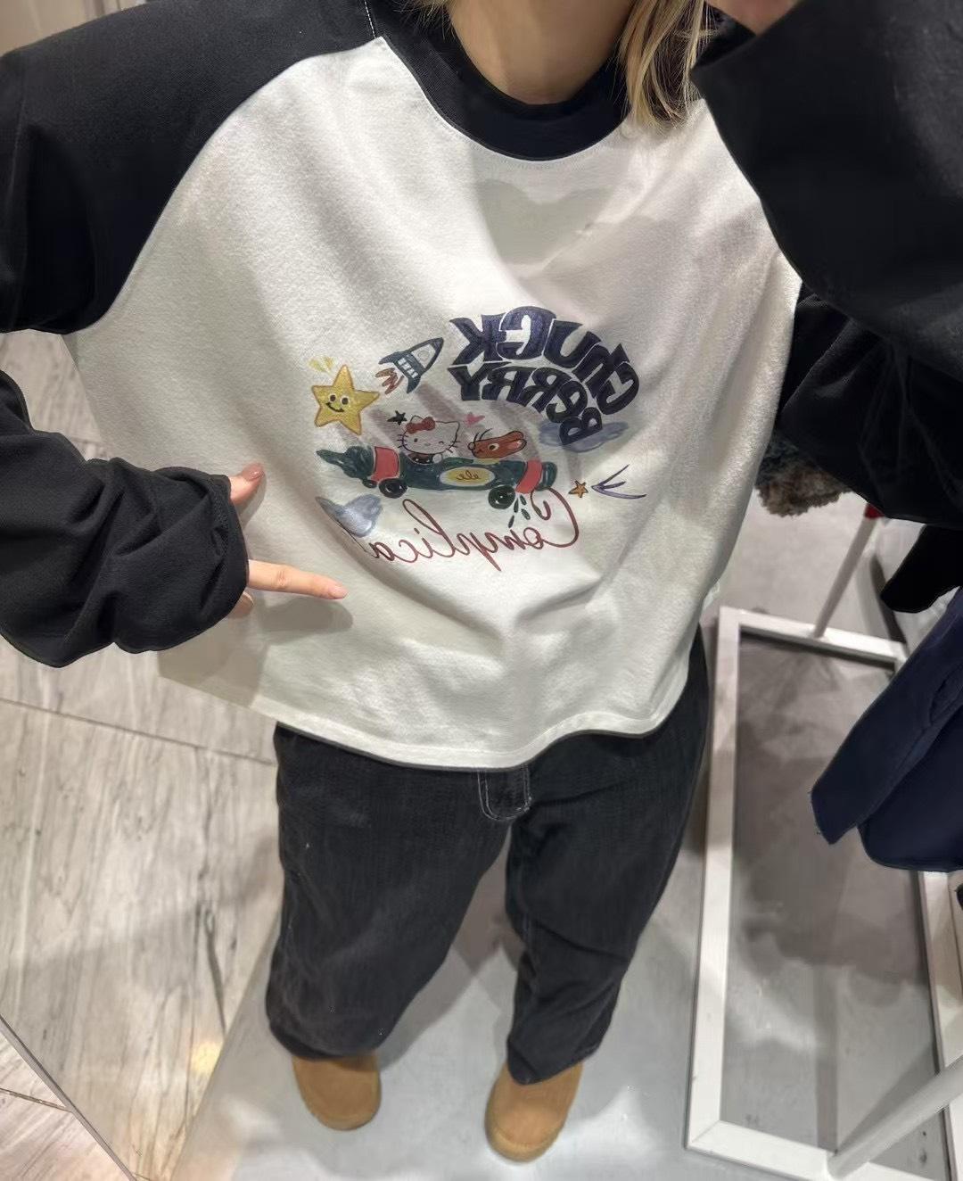 美式街頭感印花拼色長袖T