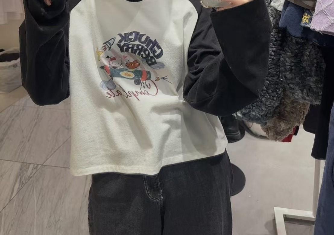 美式街頭感印花拼色長袖T