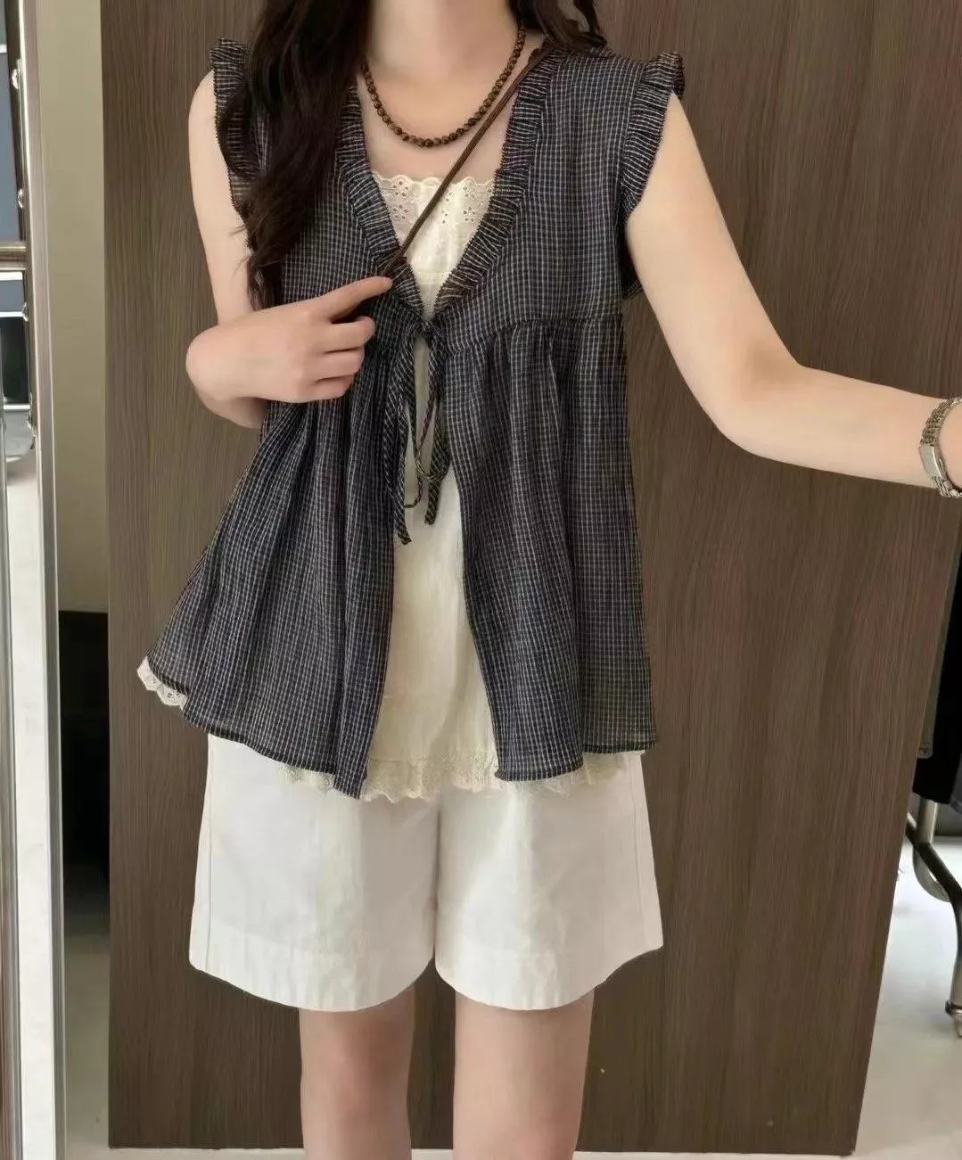 鄉村蕾絲拼接格紋背心上衣