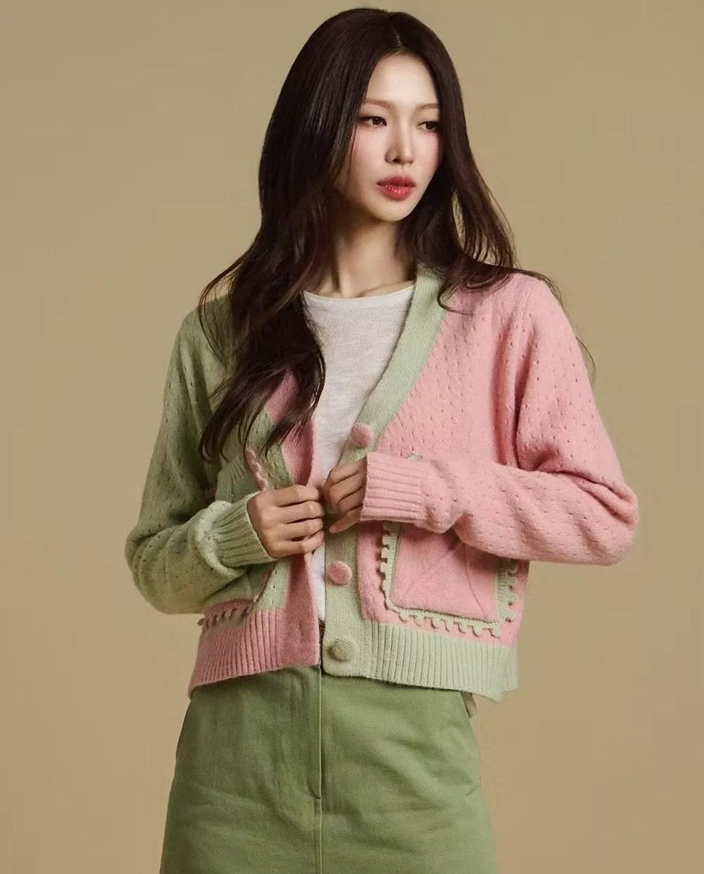 「糖霜信封」拼色針織開襟衫