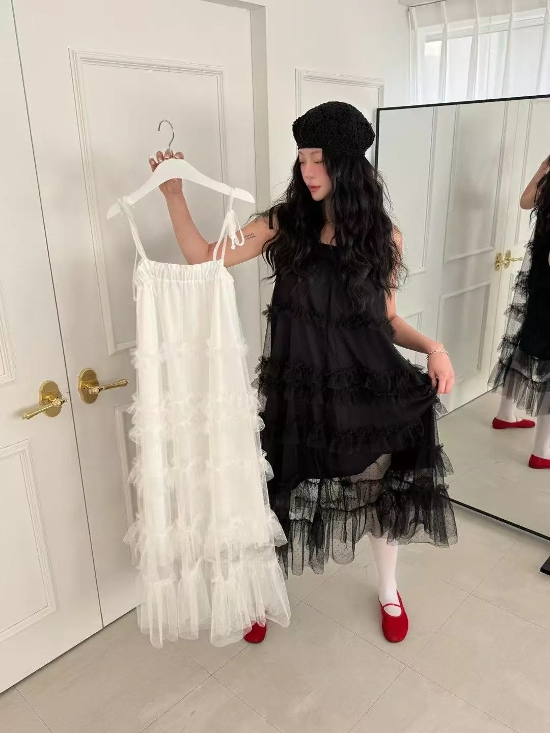 「霧紗階梯」多層荷葉綁帶紗裙洋裝