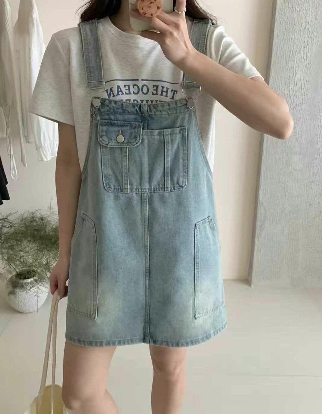 復古丹寧寬版吊帶裙